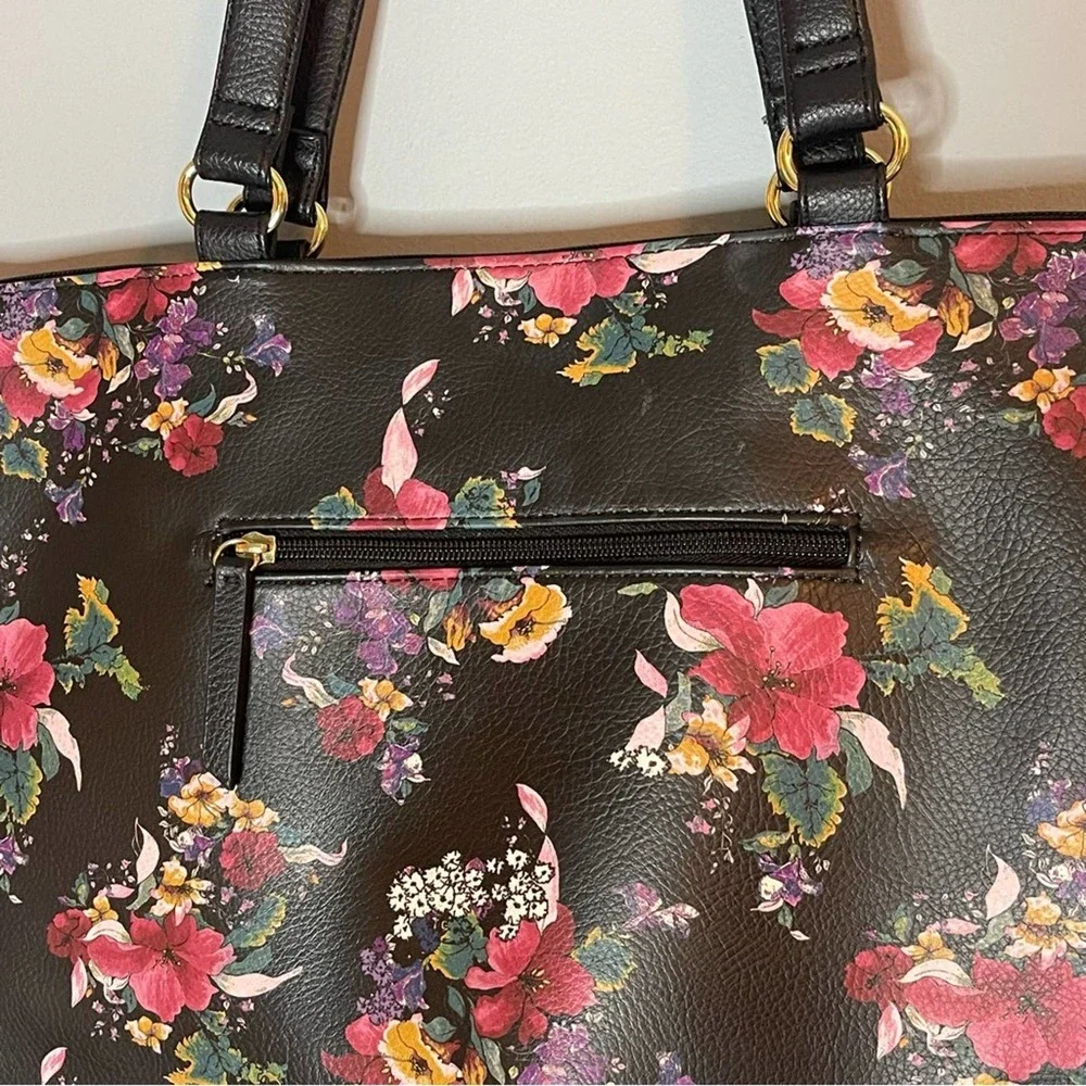 Nicole by Nicole Miller black flower satchel tote bag faux leather gold accents - Picture 7 of 8